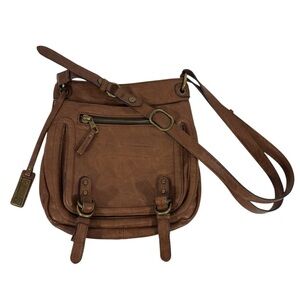 KGB Faux Leather Crossbody Saddle Bag Cognac Brown Purse Pockets Adjustable VGUC